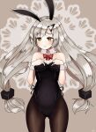  1girl absurdres animal_ears black_legwear blush bow bowtie breasts cla_(finesoda) cowboy_shot embarrassed fake_animal_ears girls_frontline hair_ornament hairclip hands_on_own_chest highres long_hair mg4_(girls_frontline) pantyhose playboy_bunny rabbit_ears silver_hair simple_background small_breasts solo thick_thighs thighs twintails very_long_hair yellow_eyes 