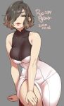  1girl 2020 agawa_ryou bare_shoulders black_hair breasts brown_eyes commentary curvy dated dress grey_background hair_over_one_eye large_breasts looking_at_viewer original short_hair signature simple_background solo thick_thighs thighs white_dress 