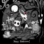  1boy 1girl 1other arizuka_(catacombe) bare_tree bat brooch cloak commentary copyright_name cravat english_text eyeliner flower full_body full_moon graveyard greyscale grimm_(hollow_knight) halloween hat highres holding holding_lantern hollow_eyes hollow_knight hornet_(hollow_knight) horns jack-o&#039;-lantern jewelry knight_(hollow_knight) lantern looking_at_viewer makeup monochrome moon no_humans outdoors rose spot_color standing tombstone top_hat tree wings 