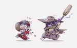  2boys anger_vein black_hair charon_(hades) chibi closed_eyes coin gameplay_mechanics greek_clothes hades_(game) hat head_bump jewelry jiao_mao laurel_crown male_focus multiple_boys oar open_mouth ring robe running sack skull smile violet_eyes zagreus_(hades) 