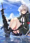  1girl armband blue_sky boots cellphone character_name clouds combat_boots copyright_name eyebrows_visible_through_hair girls_frontline gun h&amp;k_mg4 hair_between_eyes hair_ornament hairclip highres jacket long_hair looking_at_viewer machine_gun mg4_(girls_frontline) military_jacket necktie phone short_shorts shorts silver_hair sitting sky smartphone smile solo spider_apple thighs water weapon yellow_eyes 