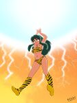  1girl angry animal_print bikini boots genki_dama green_hair highres horns lum moechiki swimsuit tiger_print urusei_yatsura 