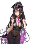  1girl 767_(pixiv973307689) armband ass bikini black_bikini black_bodysuit black_gloves black_hair bodysuit breasts covered_navel fate/grand_order fate_(series) fingerless_gloves gloves hat highres large_breasts long_hair multicolored_hair peaked_cap police_hat ponytail purple_hair sesshouin_kiara_(swimsuit_mooncancer)_(fate) solo streaked_hair swimsuit traffic_baton very_long_hair yellow_eyes 