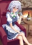  1girl alcohol apron barefoot blue_skirt blue_vest blush bottle bow bowtie braid breasts chair chalice commentary_request crossed_legs cup drunk eyebrows_visible_through_hair feet_out_of_frame fire fireplace green_neckwear hair_between_eyes hair_ribbon hand_on_own_thigh highres holding holding_cup indoors izayoi_sakuya looking_at_viewer maid maid_headdress medium_breasts puffy_short_sleeves puffy_sleeves red_eyes ribbon shadow shirt short_hair short_sleeves silver_hair sitting skirt solo table touhou tress_ribbon twin_braids vest waist_apron white_shirt wooden_floor yasuu_(ezuw3737) 