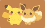  :3 brown_background closed_mouth commentary eevee gen_1_pokemon looking_at_viewer no_humans pikachu pokemon pokemon_(creature) rizu_(rizunm) side-by-side simple_background standing twitter_username 