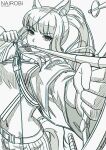  1girl animal_ear_fluff animal_ears arknights arrow_(projectile) bangs bow_(weapon) commentary_request drawing_bow grey_background highres holding holding_bow_(weapon) holding_weapon long_hair long_sleeves looking_at_viewer midriff monochrome nairobi_song navel platinum_(arknights) simple_background solo stomach tail upper_body weapon 