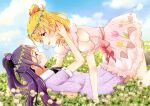  2girls :d asahina_mirai black_bow black_neckwear blonde_hair blue_sky bow clothing_cutout clouds collarbone day dress eye_contact field flower flower_field hair_bow hair_flower hair_ornament head_wreath high_ponytail izayoi_liko kononkono long_hair looking_at_another mahou_girls_precure! medium_hair multiple_girls one_side_up open_mouth outdoors pink_bow pink_dress precure purple_dress purple_hair red_bow shiny shiny_hair short_dress short_sleeves shoulder_cutout sky smile sundress very_long_hair violet_eyes white_flower yuri 