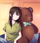  1girl aihara_mei arm_rest black_hair blackwingbinlan blanket bow bowtie casual citrus_(saburouta) commentary_request commission dated green_shirt long_hair mixed-language_commentary one_eye_closed shadow shirt sitting solo stuffed_animal stuffed_toy teddy_bear violet_eyes 