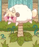  1girl animal animal_ear_fluff animal_ears animalization bangs blonde_hair blush curled_horns day eyebrows_visible_through_hair fox_ears fox_tail hair_between_eyes highres horns jungle kemomimi-chan_(naga_u) long_hair naga_u nature original outdoors palm_tree sheep sidelocks solo sparkle tail tree v-shaped_eyebrows vegetable_lamb_of_tartary violet_eyes 