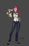  1girl black_footwear black_pants blue_eyes blue_shirt collared_shirt cup dmitriy_samarkin flower full_body gauntlets grey_background hand_on_hip highres holding holding_cup league_of_legends long_hair looking_at_viewer necktie pants parted_lips pink_hair ponytail red_flower red_rose rose shirt shoes simple_background smile solo standing steam twitter_username vest vi_(league_of_legends) white_vest yellow_neckwear 