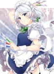  1girl apron arm_behind_head arm_up back_bow blue_dress blue_eyes blush bow braid breasts commentary_request cowboy_shot dress frills gears green_bow green_neckwear green_ribbon hair_bow highres holding holding_knife izayoi_sakuya jill_07km knife legs_apart looking_at_viewer maid maid_apron maid_headdress neck_ribbon parted_lips petticoat puffy_short_sleeves puffy_sleeves ribbon short_hair short_sleeves signature small_breasts smile solo throwing_knife touhou twin_braids weapon white_background white_bow white_hair wristband 