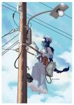  1girl bangs blue_hair blue_skin blue_sky braid braided_ponytail cable clouds cloudy_sky dmitriy_samarkin dress gloves grey_sash hat highres horns long_hair original power_lines repairing sky solo twitter_username utility_pole very_long_hair white_dress white_gloves white_headwear youkai 