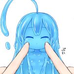  1girl 1other ahoge blue_hair blue_skin breasts cheek_poking closed_eyes huge_ahoge kixyuresu long_hair minigirl monster_girl nude original poking simple_background slime_girl small_breasts upper_body white_background 