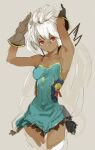  1girl armpits black_gloves blue_dress breasts closed_mouth commentary cowboy_shot dark_skin dot_mouth dress gloves granblue_fantasy grey_background hands_up long_hair looking_at_viewer medium_breasts red_eyes short_dress simple_background sketch so-bin solo standing strapless strapless_dress white_hair zooey_(granblue_fantasy) 