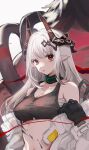  1girl arknights bandages bangs bare_shoulders black_collar breasts chinese_commentary collar commentary_request crop_top eyebrows_visible_through_hair grey_background horns long_hair looking_at_viewer medium_breasts midriff mudrock_(arknights) off_shoulder oripathy_lesion_(arknights) parted_lips partial_commentary pointy_ears red_eyes sarashi silver_hair solo sports_bra stomach syuyu0220 upper_body 