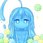  +_+ 1girl ahoge blue_eyes blue_hair blue_sclera blue_skin breasts candy food huge_ahoge kixyuresu konpeitou long_hair looking_at_viewer monster_girl nude original simple_background slime_girl small_breasts solo upper_body white_background yellow_pupils 