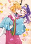  2girls :d arms_around_neck asahina_mirai black_ribbon blonde_hair blue_kimono blush bow carrying closed_eyes floating_hair hair_bow high_ponytail izayoi_liko japanese_clothes kimono kononkono long_hair long_sleeves looking_at_viewer mahou_girls_precure! multiple_girls open_mouth precure princess_carry purple_hair red_eyes red_kimono ribbon shiny shiny_hair short_hair smile standing tied_hair very_long_hair white_legwear yellow_bow 