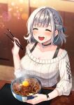  1girl :d ^_^ bangs black_bra black_choker blunt_bangs bow bowl bra bra_strap braid breasts choker chopsticks closed_eyes collarbone cross-laced_clothes eyebrows_visible_through_hair food food_on_face food_request grey_hair hair_bow highres holding holding_chopsticks hololive kura_noi large_breasts lens_flare medium_hair open_mouth rice shirogane_noel smile snowflake_ornament solo sweater table underwear upper_teeth virtual_youtuber watch watch white_sweater 