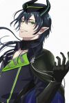  black_gloves black_hair choker collarbone dao_(daao_bf) dragon_boy garrison_cap gloves green_eyes green_eyeshadow hair_between_eyes hat highres horns jacket long_hair male_focus malleus_draconia pointy_ears simple_background slit_pupils smile solo twisted_wonderland white_background 