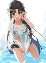  1girl alternate_hairstyle bikini bikini_skirt black_bikini black_hair breasts brown_eyes collarbone commentary_request cowboy_shot highres kantai_collection medium_breasts ponytail see-through shirt shirt_pull shouhou_(kantai_collection) solo standing swimsuit t-shirt takashi_(nougyou) wet wet_clothes white_shirt 