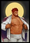 1boy abs absurdres alternate_costume bara bare_chest beard chest cowboy_shot facial_hair fate/grand_order fate/zero fate_(series) highres iskandar_(fate) jacket male_focus moon muscle navel nipples open_clothes open_jacket pants red_eyes redhead short_hair smile solo thick_thighs thighs traver009 white_pants 