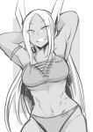  1girl animal_ears armlet armpits arms_behind_head arms_up bangs boku_no_hero_academia breasts commentary_request cowboy_shot dark_skin eyebrows_visible_through_hair greyscale grin highres long_hair looking_at_viewer mirko monochrome muscle muscular_female nstime23 parted_bangs rabbit_ears smile solo standing very_long_hair 