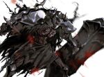  1other armor black_theme blurry blurry_background cape death_knight_(overlord) depth_of_field glowing glowing_eyes helmet holding holding_shield holding_sword holding_weapon horned_helmet horror_(theme) open_mouth overlord_(maruyama) pauldrons red_eyes shield shoulder_armor skeleton so-bin solo sword torn_cape torn_clothes undead weapon 