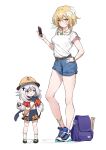  2girls absurdres alternate_costume backpack bag belt blonde_hair blue_eyes bracelet casual cellphone denim denim_shorts flower genshin_impact hair_flower hair_ornament hand_on_hip hat highres jacket jewelry ko-ma lumine_(genshin_impact) multiple_girls necklace paimon_(genshin_impact) phone shoes short_hair shorts silver_hair skirt smartphone sneakers yellow_eyes 