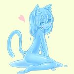 1girl :d animal_ear_fluff animal_ears blue_eyes blue_hair blue_sclera blue_skin blush cat_ears cat_tail fang from_side head_tilt heart kixyuresu looking_to_the_side medium_hair monster_girl navel nude open_mouth original simple_background skin_fang slime_girl smile solo tail yellow_background 