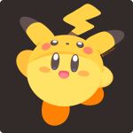  :d black_background blush_stickers character_hat commentary copy_ability full_body gen_1_pokemon hand_up happy hat kirby kirby_(series) looking_at_viewer no_humans open_mouth pikachu pokemon rizu_(rizunm) simple_background smile solo super_smash_bros. twitter_username 