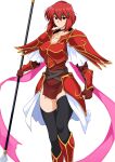  1girl armor bare_thighs black_choker black_legwear breasts choker collarbone fingerless_gloves fire_emblem fire_emblem:_mystery_of_the_emblem gloves green_headband halcon headband highres holding holding_spear holding_weapon large_breasts looking_at_viewer minerva_(fire_emblem) pelvic_curtain pink_ribbon polearm red_armor red_eyes redhead ribbon short_hair shoulder_armor simple_background skindentation smile solo spear thigh-highs vambraces weapon white_background 