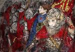  1boy 1girl absurdres armor blonde_hair blue_eyes brown_hair cape chainmail clenched_teeth facial_hair flag full_armor gauntlets helmet highres hiranko holding holding_flag huge_filesize kaze_no_tani_no_nausicaa knight kurotowa kushana red_cape short_hair sweat teeth 