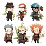  6+boys archie_(pokemon) arms_at_sides arms_behind_back artist_name blue_bandana boots chibi closed_mouth coat commentary cyrus_(pokemon) dark_skin dark_skinned_male eyepiece facial_hair ghetsis_harmonia giovanni_(pokemon) glasses green_hair hand_in_pocket hand_up hat holding holding_poke_ball jewelry long_hair looking_at_viewer lysandre_(pokemon) maxie_(pokemon) multiple_boys necklace orange_hair poke_ball pokemon pokemon_(game) pokemon_bw2 pokemon_dppt pokemon_hgss pokemon_oras pokemon_xy smile spiky_hair ssalbulre teeth watermark 