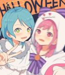 2girls :d angel_costume aqua_hair bang_dream! bangs blurry blush bow braid capelet cloak coldcat. collarbone comedy commentary english_text eyebrows_visible_through_hair ghost_costume green_eyes hair_between_eyes hair_bow halloween halloween_costume halo highres hikawa_hina hood hood_up hooded_cloak long_hair long_sleeves looking_at_viewer lower_teeth maruyama_aya multiple_girls open_mouth pink_eyes pink_hair ribbon self_shot short_hair side_braids sidelocks smile upper_body v white_capelet white_cloak white_robe