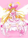 1girl ;) blonde_hair boots bow chocokin closed_mouth cure_miracle dated dress earrings eyebrows_visible_through_hair full_body hat hat_ornament heart heart_hands heart_hat_ornament jewelry knee_boots layered_dress long_hair looking_at_viewer mahou_girls_precure! one_eye_closed pink_background pink_bow pink_footwear pink_headwear precure short_dress side_ponytail smile solo sparkle standing star_(symbol) star_hat_ornament very_long_hair violet_eyes white_dress witch_hat 