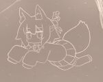  1girl animal_ear_fluff animal_ears bangs bell eyebrows_visible_through_hair fox_ears fox_girl fox_tail from_above full_body hair_between_eyes hair_bun hair_ornament highres jingle_bell kemomimi-chan_(naga_u) long_sleeves looking_at_viewer monochrome naga_u nazca_lines no_humans original pleated_skirt ribbon-trimmed_sleeves ribbon_trim shirt sidelocks skirt sleeves_past_fingers sleeves_past_wrists solo tail thigh-highs 