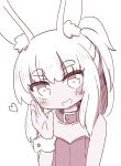  1girl animal_ear_fluff animal_ears bangs bare_shoulders blush collar collarbone commentary_request eyebrows_visible_through_hair hand_up head_tilt heart heart-shaped_pupils highres leotard long_hair looking_at_viewer masurao_(sekaiju) monochrome naga_u open_mouth ponytail rabbit_ears sekaiju_no_meikyuu sekaiju_no_meikyuu_5 short_eyebrows sidelocks simple_background smile solo strapless strapless_leotard symbol-shaped_pupils thick_eyebrows upper_body white_background wrist_cuffs 