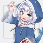 1girl :d animal_hood arm_up bangs blue_background blue_eyes blue_hair blue_hoodie blurry blurry_background blush commentary_request deko_isu depth_of_field drawstring eyebrows_visible_through_hair fish_tail gawr_gura grey_background highres hololive hololive_english hood hood_up hoodie long_sleeves multicolored_hair open_mouth shadow shark_hood shark_tail sharp_teeth silver_hair smile solo streaked_hair tail teeth two-tone_background virtual_youtuber wide_sleeves 