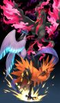  blue_eyes closed_mouth commentary_request fire galarian_articuno galarian_form galarian_moltres galarian_zapdos gen_8_pokemon glowing glowing_eyes highres kemonomichi_(blue_black) leg_up legendary_pokemon looking_to_the_side no_humans open_mouth pink_fire pokemon pokemon_(creature) talons tongue wings 