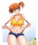  &gt;:) 1girl alternate_breast_size ass_visible_through_thighs bare_arms bare_shoulders breasts buttons closed_mouth collarbone covered_nipples crop_top cutoffs denim denim_shorts eyebrows_visible_through_hair fingernails gen_1_pokemon green_eyes gym_leader head_tilt highres large_breasts looking_at_viewer medium_hair micro_shorts midriff misty_(pokemon) navel open_clothes open_fly open_shorts orange_hair pinky_out pokemon pokemon_(anime) pokemon_(classic_anime) pokemon_(creature) psyduck pulled_by_self purple_hair shorts side_ponytail smile solo_focus stomach suspenders_pull tank_top thighs unbuttoned unzipped zeshgolden zipper 