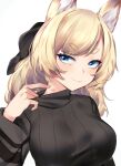  1girl animal_ears arknights bangs black_ribbon black_sweater blonde_hair blue_eyes commentary eyebrows_visible_through_hair hair_ribbon hickey highres long_hair long_sleeves looking_at_viewer ribbed_sweater ribbon simple_background smile solo sweater swept_bangs thick_eyebrows turtleneck turtleneck_sweater upper_body wakamepiza whislash_(arknights) white_background 