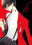  amamiya_ren bangs black_hair black_jacket copyright_name eyebrows_visible_through_hair glasses grin hair_between_eyes jacket long_sleeves pants persona persona_5 plaid plaid_pants red_jacket simple_background smile solo suspenders turtleneck two-tone_background yuu_(isis7796) 