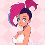  animated animated_gif aqua_eyes bra breasts checkered checkered_background hair_ornament medium_breasts mohawk moika_(moikaloop) moikaloop original outline parted_lips ponytail purple_hair smile underwear underwear_only upper_body watermark web_address white_bra white_outline 