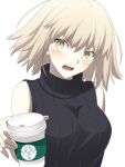  1girl black_ribbon black_sweater blush breasts coffee_cup commentary_request cup disposable_cup eyebrows_visible_through_hair fate/grand_order fate_(series) fumika_asano grey_hair head_tilt highres holding holding_cup jeanne_d&#039;arc_(fate) jeanne_d&#039;arc_(fate)_(all) large_breasts looking_at_viewer open_mouth ribbed_sweater ribbon short_hair sleeveless_sweater solo sweater turtleneck turtleneck_sweater upper_body yellow_eyes 