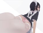  1girl apron ass black_hair bow commentary from_behind hair_bow looking_back lying maid maid_apron maid_headdress on_stomach original panties pink_panties simple_background solo thigh-highs twintails underwear unimon_e violet_eyes white_legwear 