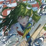  1girl blood blood_stain bloody_clothes crying crying_with_eyes_open frog_hair_ornament green_hair hair_ornament japanese_clothes kaoru_(alicemakoto) kochiya_sanae miko mind_break open_mouth orange_eyes tears torii touhou water_drop 