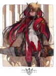  1girl artia_(pixiv_fantasia_last_saga) belt black_footwear black_hair black_horns boots cape copyright_name fur_trim hair_ornament hatutaro horns indoors knee_boots long_hair looking_at_viewer multicolored_hair pixiv_fantasia pixiv_fantasia_last_saga red_cape red_eyes sidelocks smile solo standing thigh-highs thigh_boots two-tone_hair 