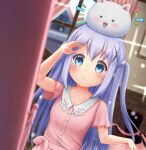  1girl :3 =_= angora_rabbit animal_on_head arms_up blue_eyes blue_hair blurry blurry_background blush bunny_on_head collarbone commentary_request dress dutch_angle eyebrows_visible_through_hair fireplace gochuumon_wa_usagi_desu_ka? hair_ornament hand_in_hair highres indoors kafuu_chino light_smile long_hair looking_at_viewer luke_(kyeftss) mirror on_head picture_frame pink_dress rabbit sash short_sleeves solo sparkle standing tippy_(gochiusa) two_side_up upper_body very_long_hair window x_hair_ornament 