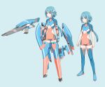  1girl absurdres armor blue_background blue_footwear blue_hair bodysuit boots breasts clenched_hands closed_mouth concept_art exoskeleton gloves grey_gloves gun highres mecha_musume multiple_views original ponytail simple_background small_breasts standing thigh-highs thigh_boots under_boob unpokotan violet_eyes weapon 
