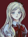 1girl bangs black_bow blush bow braid brooch collar collared_shirt commentary_request dangan_ronpa danganronpa_(series) danganronpa_2:_goodbye_despair grey_eyes grey_hair hair_bow hair_ornament jewelry long_hair looking_at_viewer parted_lips puffy_short_sleeves puffy_sleeves r37_k53 red_background red_neckwear shirt short_sleeves sidelocks simple_background solo sonia_nevermind upper_body vest waistcoat white_shirt